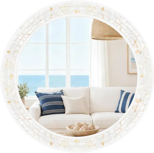 Vista 8 de Espejos de mosaico para pared de 24 pulgadas, con incrustaciones de nácar natural, espejo redondo con marco blanco para baño, dormitorio o entrada
