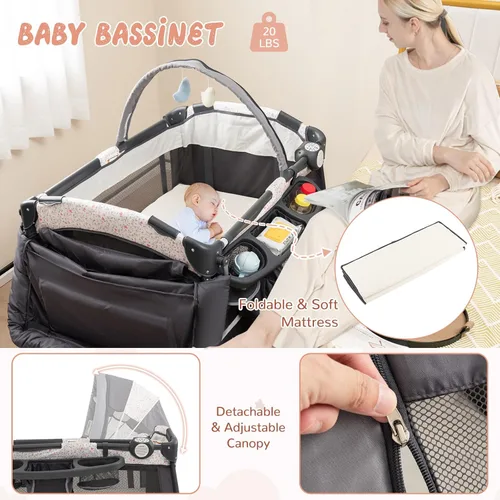 Vista 5 de HONEY JOY Pack and Play, Corralito Portátil 4 en 1 para Cuna de Bebé con Moisés, Mesa Cambiadora, Toldo, Colchón, Caja de Música, Bolsa