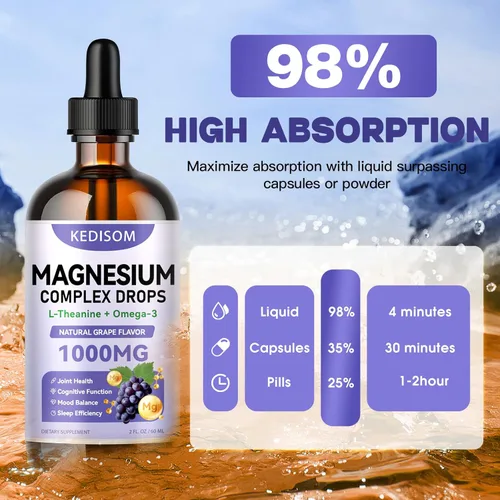 Vista 7 de Gotas líquidas de glicinato de magnesio, 2 onzas líquidas, suplemento de complejo de magnesio con vitamina B6, B12 y D3 más L-teanina omega-3