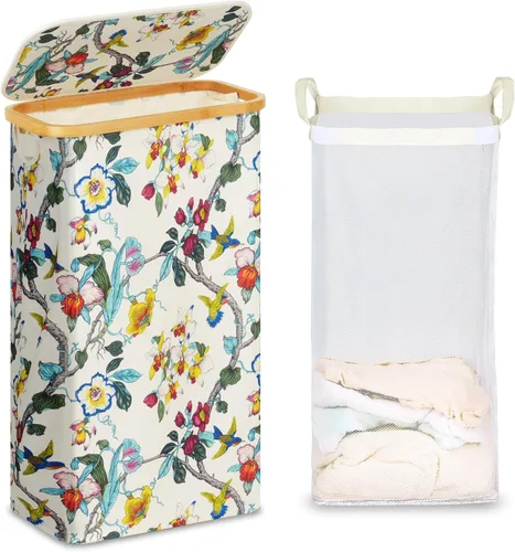 Vista 30 de efluky Cesta de lavandería delgada con tapa, cesta estrecha para la ropa sucia con bolsa extraíble, cesta de ropa sucia delgada con asas de bambú