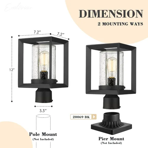 Vista 5 de Emliviar Post Lights - Farol de poste para exteriores, 1 lámpara, acabado negro, vidrio sembrado, 2083P BK