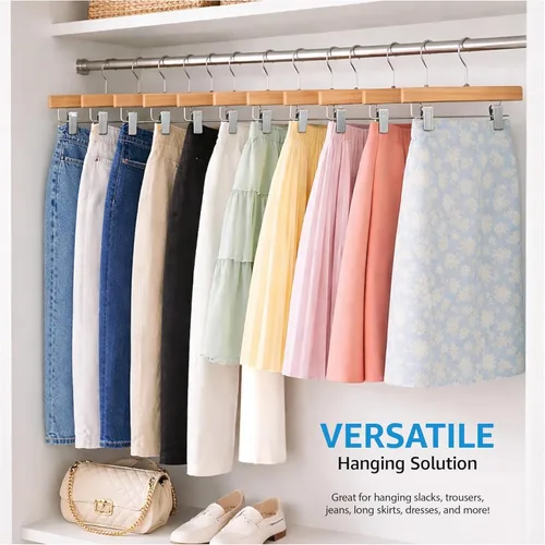 Vista 6 de ZOBER Perchas de madera para pantalones con clips, paquete de 10 perchas de madera de loto maciza de alta calidad para mujer, colgador de madera