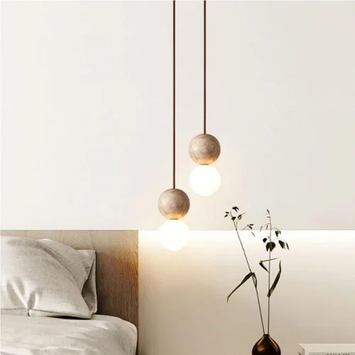 Vista 3 de Nordic Modern Bedside Hanging Lamp Double Sphere Pendant Light Fixture Industrial Vintage Natural Yellow Travertine Chandelier for Dining Room