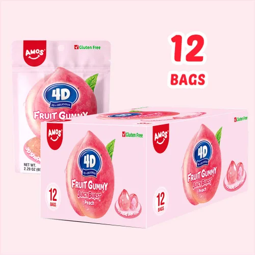 Vista 6 de Amos Caramelos rellenos de frutas 4D, bocadillos de frutas jugosos, sabor a melocotón, suaves y masticables, sin gluten, 2.29 onzas por bolsa