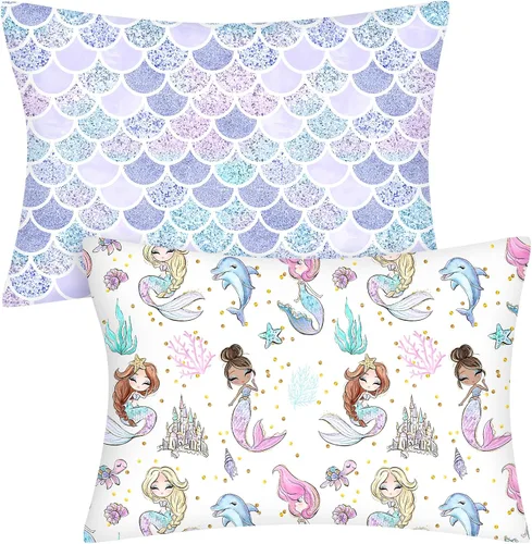 Ganeen 2 fundas de almohada de sirena para niños pequeños, tamaño 14 x 19 pulgadas, se adapta a 12 x 16 pulgadas o 13 x 18 pulgadas, funda de