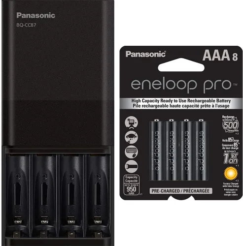 Panasonic BQ-CC87AKBBA Eneloop pro Cargador de batería individual avanzado y Panasonic BK-4HCCA8BA pro AAA de alta capacidad Ni-MH pre-cargadas