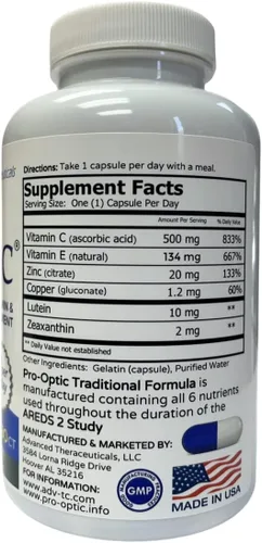 Vista 2 de PROOPTIC Fórmula tradicional (fórmula basada en AREDS 2) 180 cápsulas – 6 meses de suministro – una cápsula por día