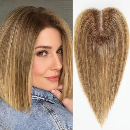 Vista 9 de HAIRCUBE Peluquines Ceniza Rubio para Mujeres de Cabello Humano Real, Extensiones de Cabello Humano 100% Remy de 3.5"*4" Atadas a Mano con Base