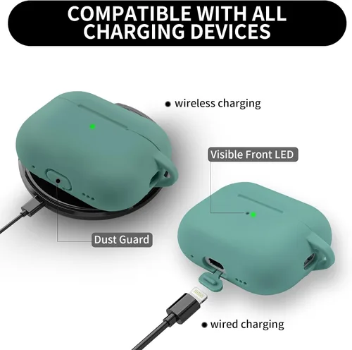 Vista 6 de Funda para AirPods Pro/Pro 2 con kit, funda protectora de silicona suave con llavero, color verde