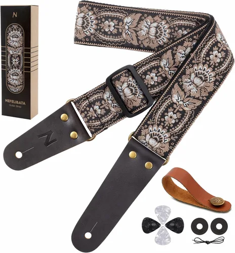 Vista 41 de Nefelibata Correa de guitarra, correas de guitarra de algodón bordadas con extremos de cuero de vaca para bajo, guitarras eléctricas y acústicas