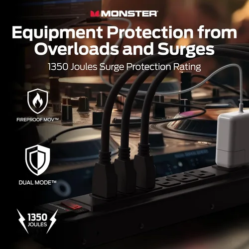 Vista 2 de Monster Regleta de Protección contra Sobretensiones Power Strip Pro MI con Clasificación de 1350 Julios — Regletas de 7 Salidas con Protección