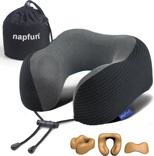 Vista 21 de NapFun - Almohada de cuello para viajar, almohada de cuello de viaje mejorada para avión 100% espuma viscoelástica para dormir con reposacabezas