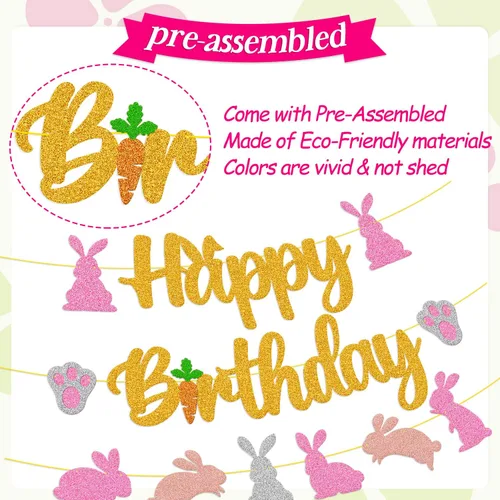 Vista 2 de Cartel de cumpleaños de conejo, decoraciones de fiesta de cumpleaños, orejas de conejo, zanahoria, día de Pascua, tema para niños y niñas