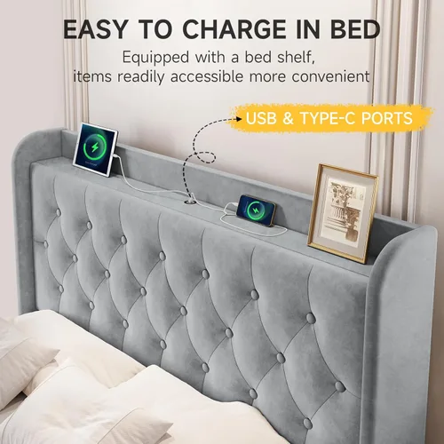 Vista 90 de koorlian Base de cama Queen con cabecero, base de cama tapizada ajustable con puertos tipo C y USB, cabecera de almacenamiento con respaldo de ala