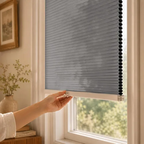 Vista 9 de Grandekor Persianas celulares para ventanas Persianas opacas sin cordones con panal para dormitorio, sala de estar y oficina en casa, beige-blanco
