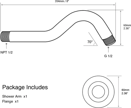 Vista 7 de Brazo de ducha curvo en forma de "S" de 8 pulgadas con brida, extensión de cabezal de ducha de acero inoxidable de repuesto, brazo de tubo