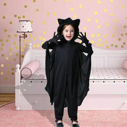 Vista 6 de KEEPAA Disfraz de murciélago de carnaval para niños, capa de murciélago con capa y guantes, disfraces de vampiro de murciélago para 4-14 niñas
