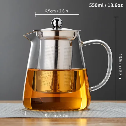 Vista 2 de Tetera de vidrio de 18.6 fl oz, tetera de vidrio de borosilicato con infusor de acero inoxidable desmontable, hervidor de té transparente para té