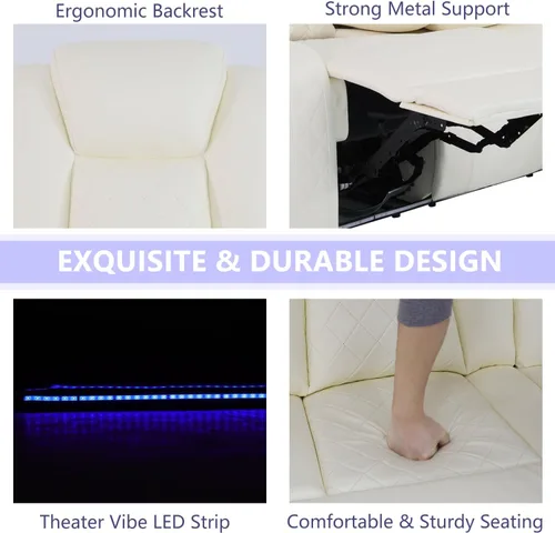 Vista 6 de Juego de sofá reclinable eléctrico de 2 piezas con luces LED, moderno sofá reclinable de cuero de aire y sofá biplaza con mesa auxiliar, muebles