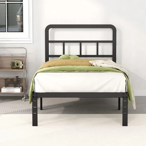 Vista 7 de Metal Platform Twin Bed Frames with Headboard, 14 Inch No Box Spring Needed Heavy Duty Steel Slat Mattress Foundation/Easy Assembly/Noise Free/Black