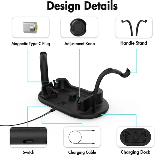 Vista 4 de AMVR Charging Dock for Oculus Quest 2, Headset Display Stand and Touch Controllers Mount Station Holder, with USB-C Charging Cable (Black)