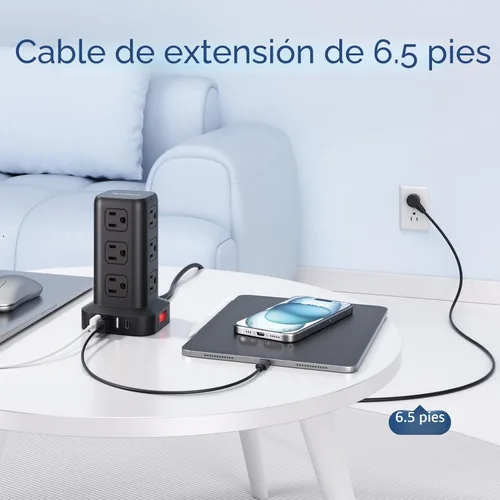 Vista 6 de AnnTane Protector de Sobretensión Regleta de Alimentación con Cable de 6.5 Pies, Regleta de Alimentación de Torre con 4 Puertos USB (1 USB C), Cable