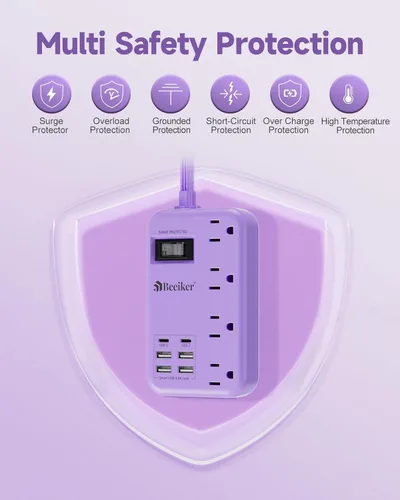 Vista 5 de Tira de alimentación de viaje morada, 6 USB (2 USB C), cable de extensión lavanda de 5 pies con estación de carga USB de 24 W y 4 tomacorrientes