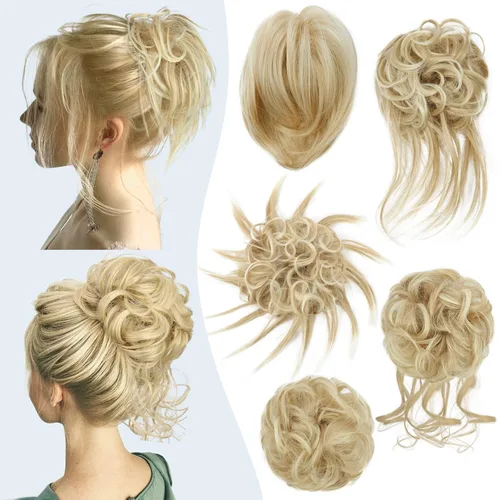 Vista 5 de HMD 5 piezas de moño despeinado para mujer, extensión de cabello con banda de goma elástica, extensión de cabello largo y desordenado, accesorios