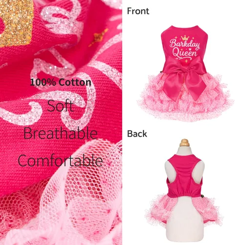 Vista 4 de Fitwarm Vestido de tul Barkday Queen para perro, ropa de cumpleaños para perritas pequeñas, atuendo para mascotas, rosa claro, rosa intenso, XXS