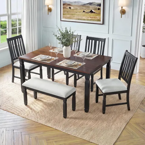 Vista 27 de JIVOIT Farmhouse Style 6-Piece Extendable Dining Table Set for 6 Modern Kitchen Dining Set, 4 Upholstered Chairs and 1 Bench, Rubberwood Frame