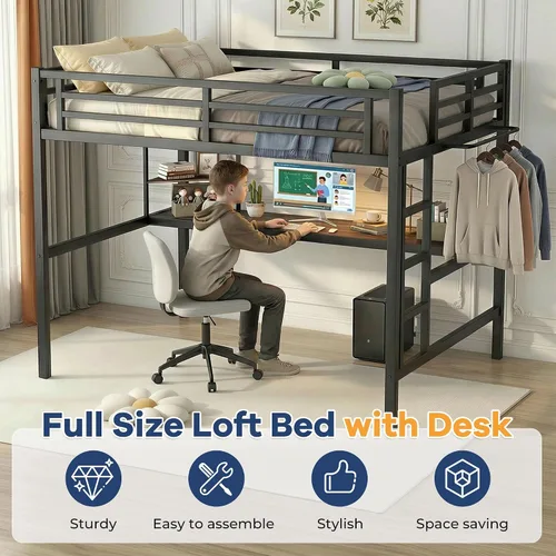 Vista 7 de MAKIAAP Cama alta individual con escritorio, marco de cama alta de metal con puerto de carga USB, luces LED y anclaje antivuelco, litera resistente