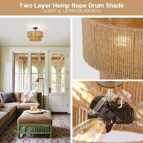 Vista 3 de Lámpara de Techo Bohemia de 15.7'', Montaje en Techo, Lámpara de Techo Semi-Empotrada de Cuerda de Cáñamo Costero, Lámpara de Ratán de 3 Luces