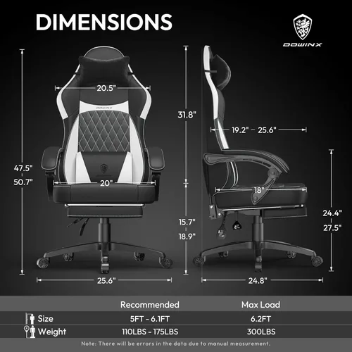 Vista 43 de Dowinx Silla de juegos con cojín de resorte de bolsillo, silla ergonómica para computadora con masaje lumbar y reposapiés para adultos, silla