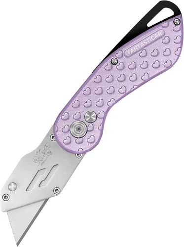 FantastiCAR Cuchillo utilitario plegable, lindo cortador de cajas de metal con 5 cuchillas afiladas adicionales, cambio rápido de hoja y embalaje de