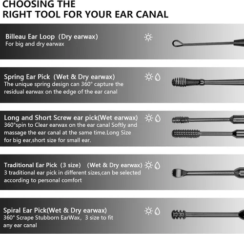 Vista 2 de Hion Juego de 6 piezas para eliminación de cera de oído, herramientas profesionales de doble cabezal para eliminar cera de oído, cureta de limpieza