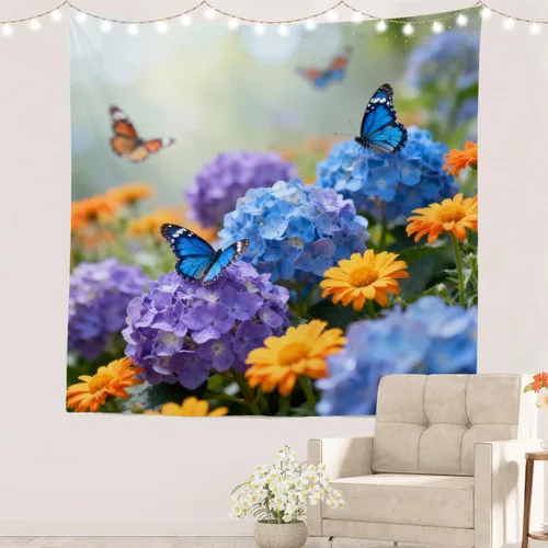 Vista 47 de Batmerry Peaceful Retreat Beautiful Landscape Tapestry, Blooming Garden Setting Wall Art Hanging Decoration Polyester Fiber White Ruffled Around For