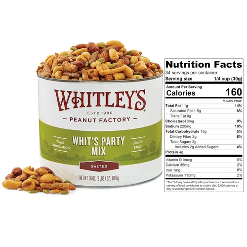 Vista 2 de Whitley's 'Whit's Party Mix' - Mezcla de aperitivos dulces y picantes, palitos de sésamo, nueces de maíz, palitos cajún y nueces (lata de 36 onzas)