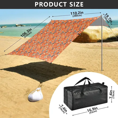 Vista 3 de Cacti Orange Foldable Beach Canopy UPF50+ Waterproof Outdoor Sun Shade with Sand Shovel, Sandbags for Family Trips, Picnics & Camping