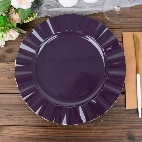 Vista 30 de Tableclothsfactory Paquete de 10 platos redondos de plástico para ensalada de postre de 6 pulgadas, platos desechables con borde ondulado dorado
