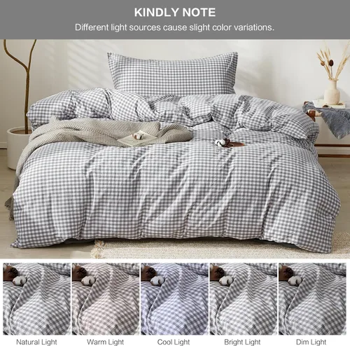 Vista 457 de SAPHREAS Juego de funda de edredón de algodón, tamaño King, a cuadros color gris oscuro y gris, geométrico, 3 piezas, 1 funda de edredón y 2 fundas