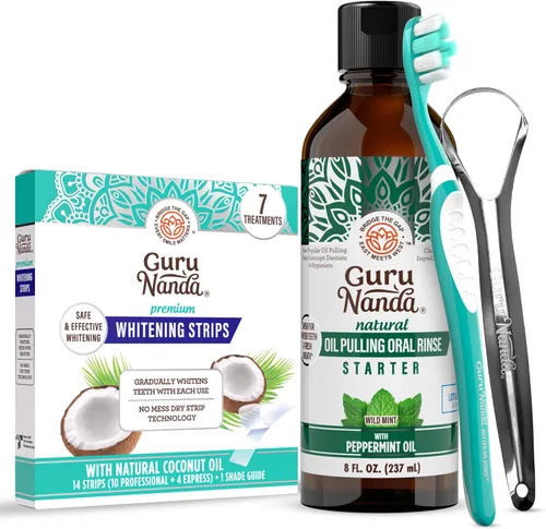 GuruNanda Cuidado dental de aceite de coco: tiras blanqueadoras + extracción de aceite – Ayuda a iluminar los dientes, refrescar el aliento, encías