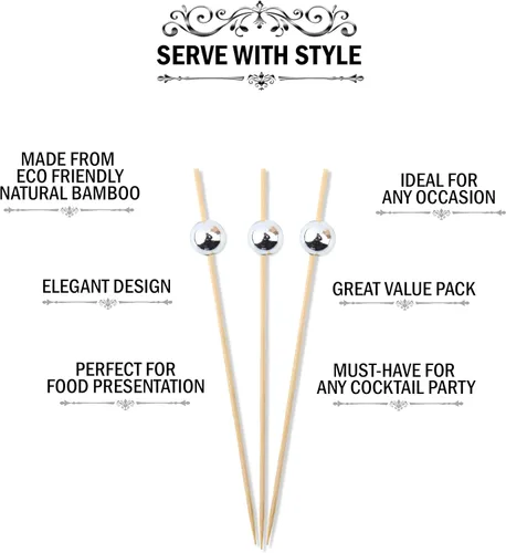Vista 4 de Palillos de cóctel – (paquete de 120) palillos de dientes de perlas plateadas de 4.75 pulgadas para aperitivos, palillos de dientes elegantes