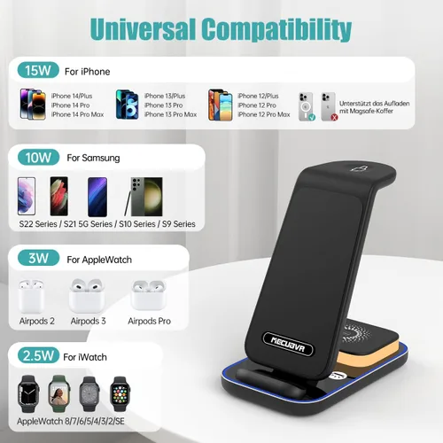 Vista 6 de 3 in 1 Wireless Charging Station, Wireless Charger for iPhone 14 13 12 Pro Max, Wireless Charging Stand Dock for Apple Watch 8 Ultra 7 6 SE, AirPods