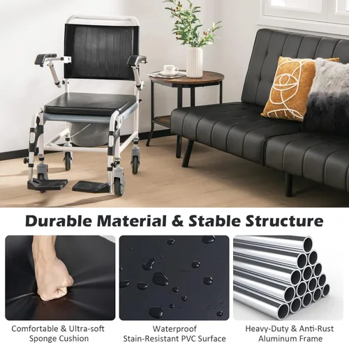 Vista 7 de Giantex Silla de ruedas 4 en 1 para inodoro con brazos, 4 ruedas bloqueables, cubo desmontable, altura ajustable y reposapiés abatible, silla