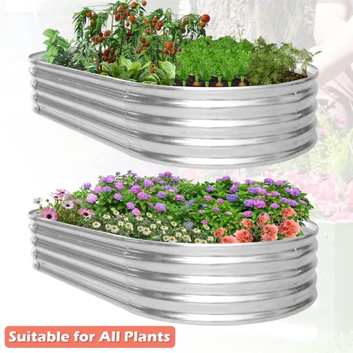 Vista 2 de HKLGorg Jardinera elevada galvanizada de 6 x 3 x 1 pies, macetero galvanizado de metal, macetero ovalado grande de metal elevado para flores