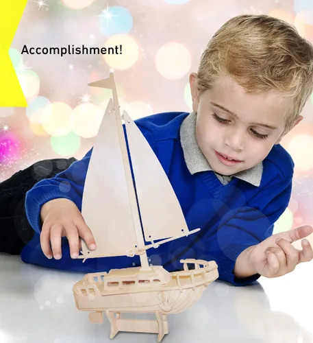 Vista 6 de Puzzled Rompecabezas de madera 3D de velero - Kit de construcción de bricolaje rompecabezas de barco de madera para niños y adultos, pintura