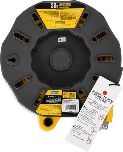 Vista 2 de Camco Carrete de cable de extensión RV de 30 pies y 10 amperios, clasificado para 125 V/1,250 W, cuenta con 4 tomas eléctricas de 125 V y 2 puertos