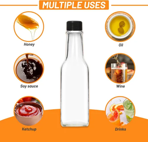 Vista 6 de Alotpower Paquete de 35 botellas de salsa picante de 5 onzas, botellas vacías de vidrio transparente con tapas de rosca negras a prueba de fugas