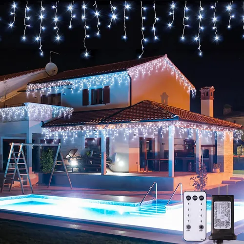 Vista 30 de JMEXSUSS 400 luces LED de Navidad de carámbano de 38.8 pies con control remoto, tira de luces multicolor para exteriores enchufables, 8 modos