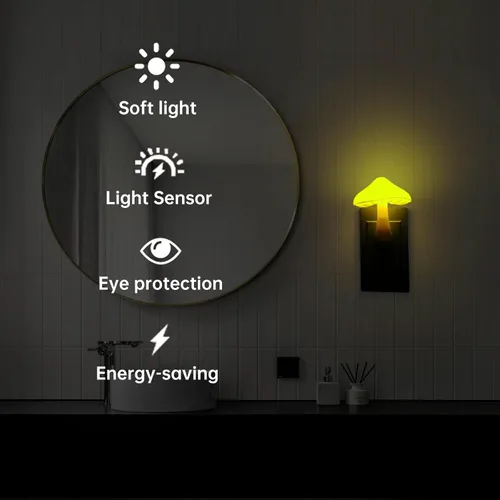 Vista 4 de Luz nocturna LED con sensor de enchufe, luz nocturna de hongo, luz amarilla, mini luces nocturnas mágicas en forma de hongo para adultos y niños